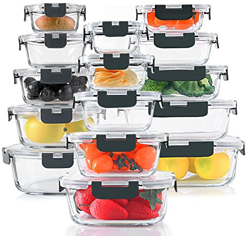 KOMUEE Juego de 30 recipientes de vidrio para almacenamiento de alimentos, juego de recipientes de vidrio para preparación de comidas con tapas de cierre a presión, recipientes herméticos de vidrio