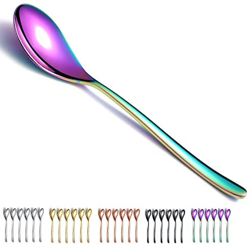 Set di 6 cucchiai da tavola Kyraton Rainbow 8 pollici in acciaio inossidabile con rivestimento in titanio Cucchiai da zuppa Rainbow Set di posate Cucchiai da dessert Robusti e facili da