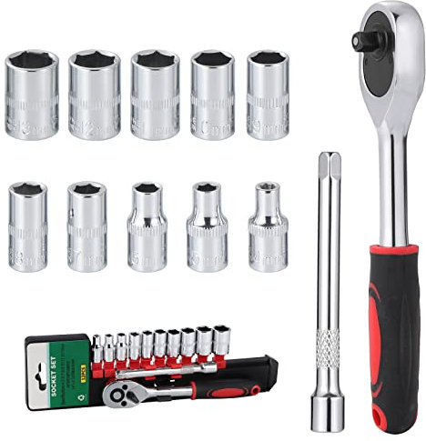 Moendergo Lot de 12 clés à douille métriques de 6,35 mm, cliquet d'entraînement avec tige d'extension de clé à cliquet de haute précision, 10 pièces courtes (4-13 mm) pour réparation de voiture