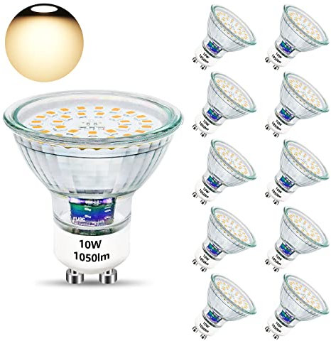 Unikcst GU10 LED Warmweiss 10W Glühbirnen Ersetzt 100W Halogen Leuchtmittel 3000K Base Glas 1050LM Hell LED Lampe 230V Abstrahwinkel 120° Spot, Nicht Dimmbar 10 Stück