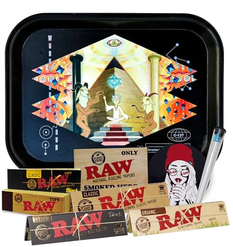 Regalo para fumadores Bandeja para liar Rick y Morty 25 x 19 cm + Papel Raw Organic, Black y Classic King Size + Tips + Pegatinas + Portacigarros – Producto oficial. (Rick Sanchez)
