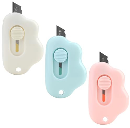 3 Pezzi Mini Taglierino Tascabile, Mini Coltello Multiuso Retrattile, Coltello di Sicurezza Portatile, Mini Cutter Universale Forma di Nuvola con Foro Catena Chiave, per Ufficio Scolastico