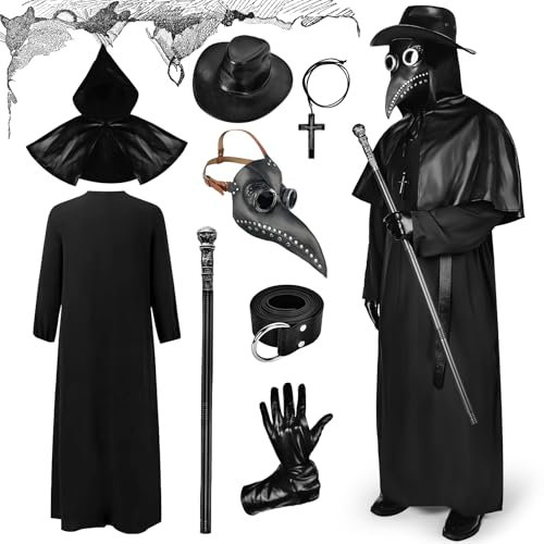 Ulikey Pestdoktor Kostüm, Pestdoktor Kostüm Herren Plague Doctor Costume Cosplay Set, Mittelalter Pestdoktor Outfit mit Pestdoktor Maske, Zepter Hut Handschuhe Accessoire für Erwachsene Halloween