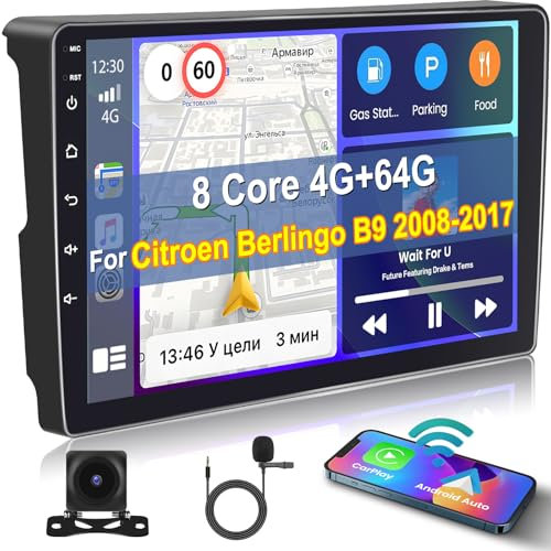 [8 Kern 4G+64G] Inefala Android 15 Autoradio, 2 DIN Radio für Citroën Berlingo B9 2008-2017, 9 Touchscreen mit Wireless Carplay, Android Auto, BT, GPS, WiFi, 59UI, RDS, Mikrofon, Rückfahrkamera