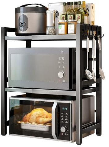 Haipky 3-Tier Expandable Microwave Oven Rack with 6 Hooks, Adjustable Metal Kitchen Shelf Stand for Countertop, Black Baker Rack Organizer