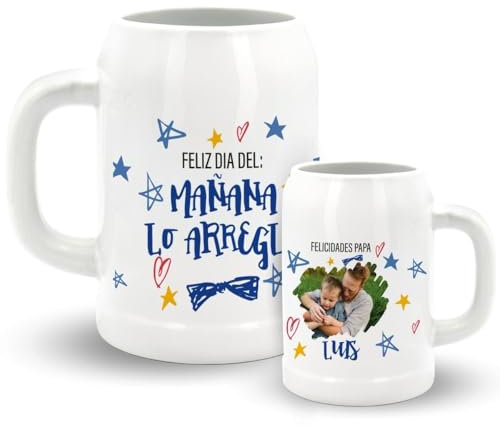 DEREGALOOS Jarra de Cerveza de Cerámica Personalizada con nombre. Jarras de cerveza originales para padres. Regalo Original día del Padre. (Mañana lo arreglo)