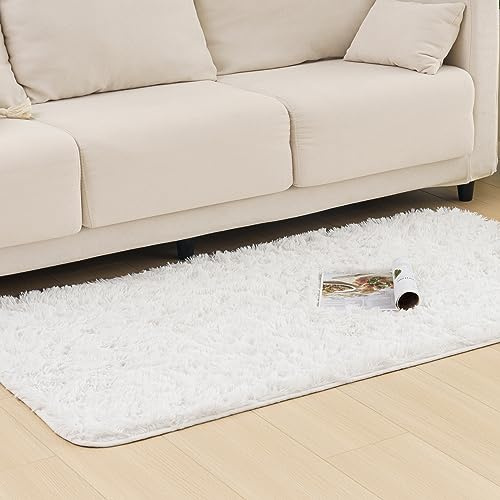 Vamcheer Hochflor Flauschiger Wohnzimmer Teppiche - Langflor Einfarbig Weich Schlafzimmer WaschbarerTeppich, Shaggy Carpet für Fußbodenheizung Geeignet, Plüsch Wohnzimmerteppich Weiß 80X150