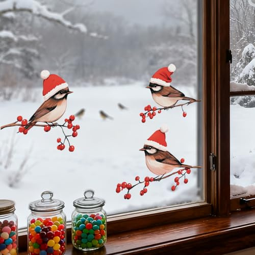 Leniutor Fensteraufkleber, Motiv: Wintervögel, Baumzweig, doppelseitig, Weihnachtsvögel, Glasaufkleber, Weihnachtszweige für Zuhause, Küche, Wohnzimmer, Dekoration (roter Vogel), 3 Stück
