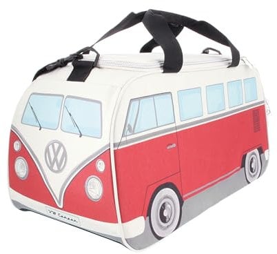 BRISA VW Collection - Volkswagen Retro-Sport-Umhänge-Schulter-Fitness-Tasche im T1 Bulli Bus Form (Klein/Classic Bus/Rot & Beige)