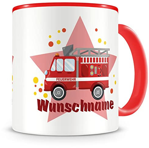 Samunshi® Kindertasse mit Namen Tasse Feuerwehr Auto Personalisierte Tasse mit Namen Kinder Kinderbecher personalisierter Text Kindergarten rot 300ml