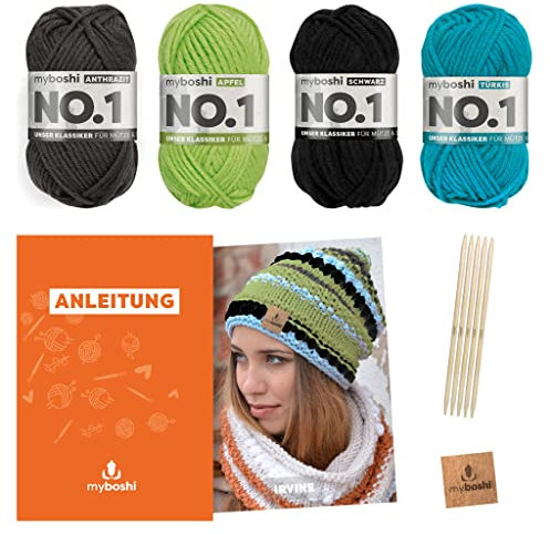 myboshi Strickset Mütze Irvine, Strickpaket für Fortgeschrittene, inkl. No.1 Wolle, Nadel, Anleitung und Label, 30% Merinowolle Grün, mit Nadelspiel