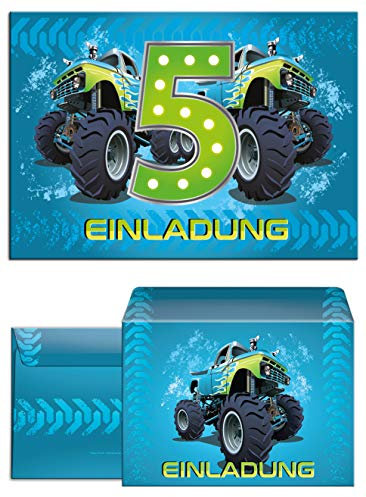 JuNa-Experten 12 Einladungskarten incl. 12 Umschläge zum 5. Geburtstag Kinder Junge Monstertruck blau/Monster-Truck/Auto/Einladungen fünfte Kindergeburtstag für Jungen