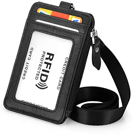 HAWEE Porta badge con cerniera in vera pelle RFID portachiavi portafoglio cordino da collo con gancio girevole per carte/moneta/contanti, nero