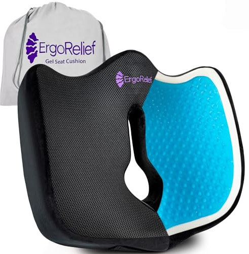 ErgoRelief Gel-Infused Memory Foam Seat Cushion - Banish Coccyx, Sciatica & Tailbone Pain -Ergonomic Support for Gaming, Car, Wheelchair, Office Chair cushion - Medium Hardness,Heat-Sensitive,Non-Slip