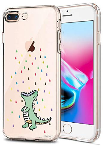 Unov Case Compatible with iPhone 8 Plus iPhone 7 Plus Case Clear with Design Embossed Pattern TPU Soft Bumper Shock Absorption Slim Protective 5.5 Inch (Rainbow Dinosaur)