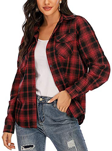 Enjoyoself Chemisier Carreaux Femme Chemise Bucheron Western 100% Coton Décontractée Classique Retro Ecossaise Coton Flanelle Blouse Gilet T Shirt Casual Vintage,S,Rouge Noir