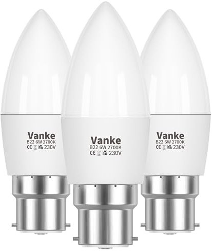 Vanke Bayonet Candle Light Bulb 40w Equivalent, B22 LED Bulbs Warm White 2700K, 6w Energy Saver Bulb, 470 Lumen, Non-Dimmable, 3-Pack