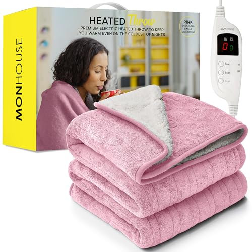 MONHOUSE Heated Throw - Electric Blanket - Digital Controller - Timer up to 9 hours, 9 Heat Settings, Auto Shutoff - Machine Washable - Single 130X160cm - PINK SHEARLING