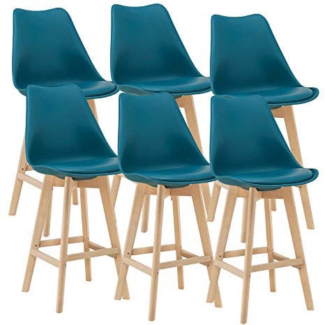 [en.casa] Barhocker 6er Set Barstuhl mit Rückenlehne Bistrohocker Set 6 Teilig Tresenhocker auf Buche-Gestell Türkis