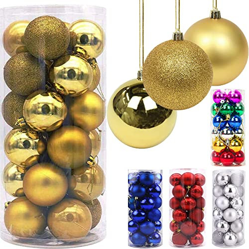 Christmas Baubles 24pcs Shatterproof Plastic Balls Gold Tree Decorations Ornaments for Xmas Hanging Decoration Festival Holiday Wedding Party Decor (4cm)