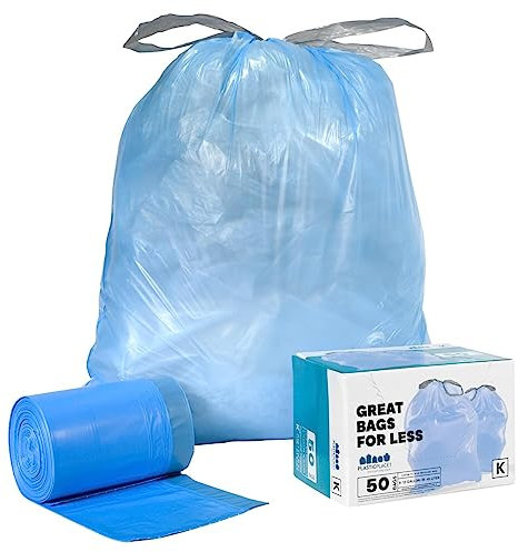 Plasticplace Code K Compatible (50 Count) Blue Recycling Bags Drawstring Garbage Can Liners 10 Gallon / 38 Liter 24.4 x 28