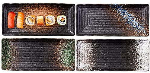 LMRLCS Sushi Platter, 10.2 Inches Rectangle Serving Plates, Japanese Vintage Plates, Sushi Plate, Porcelain Plates Set of 4 for Dinner, Parties, Meat, Sushi, Dessert, Dishwasher and Microwave Safe