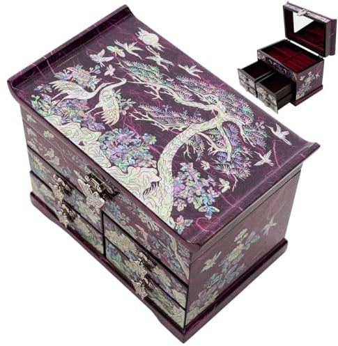 February Mountain Mother of Pearl Wooden Jewelry Organizer Box – Jewelry Storage Box for Women, Features Spacious Drawers, Ideal for Rings, Bracelets, Watches, Accessories (Crane and Pine tree Purple)