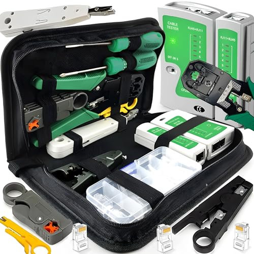 Retoo Juego de herramientas de red profesional 9 en 1, en estuche, comprobador de cables LAN para RJ45, RJ1, kit de comprobación de cables, herramientas de reparación para instalaciones de cables