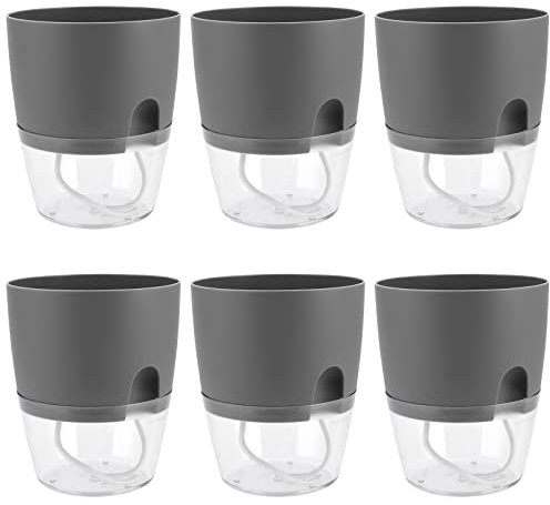 ZEONHEI 6 Stück 18,2x11x15,3cm Kräutertopf Blumentopf Selbstbewässernd, Plastik Kräutergarten Küche Set, Selbstbewässerung Blumentöpfe Pflanztopf für Fensterbank, Küche, Grau