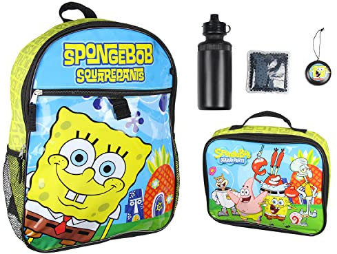 Nickelodeon Bob Esponja Cuadrados Personajes Calamardo Patrick Mr. Cangrejos Sandy Plankton Gary 5 PC Mochila lonchera Icepack Botella de agua, Multicolor, Talla única