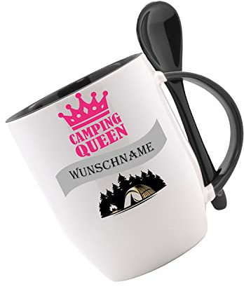 Tasse mit Löffel - Camping - Queen (Wunschname) - Löffeltasse, Kaffeetasse mit Motiv, Bürotasse, bedruckte Tasse mit Sprüchen