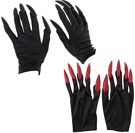 2 Pairs Halloween Paw Claws Gloves with Nails Fingernails Horror Devil Gloves Black Party Gloves for Cosplay Carnival