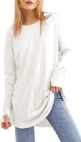 Ebifin Long Sleeve Tops Womens Long Jumpers Crewneck Tunic Tops Loose Fit Sweatshirts with Thumb Holes.White.XXL