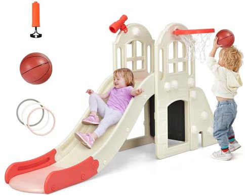 GOPLUS 6 en 1 Toboggan pour Enfants, avec Protection Haut, Pédale Détachable et Mur d’Escalade Pratique, Tunnel, Panier de Basket et Télescope Équipés