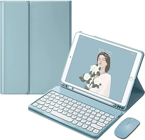 Étui avec clavier pour Samsung Galaxy Tab S7 FE /S7 Plus/S8 Plus 12,5 avec souris, étui souple intelligent avec clavier Bluetooth, clavier sans fil amovible avec porte-crayon (bleu brumeux)