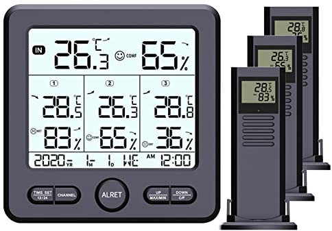 SPORTARC Wetterstation Funk mit Außensensor, Digital Funk Wetterstation Display Thermometer Hygrometer 3 Innen Außen Sensoren