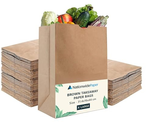 Nationwide Paper 100 Eco-friendly X-Large Kraft Paper Disposable Lunch Bags, Fold Top, Ideal For Food, Groceries, Sandwiches, Sweets, and Fruit Veg Bags (31.4x16x44cm) - Brown