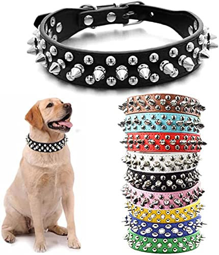 Hundehalsband mit Stacheln, Nieten, PU-Leder, Katzenhalsband, verstellbare Metallschnalle, Nieten, für kleine, mittelgroße und große Rassen, Mädchen, Jungen, Schwarz, Größe M