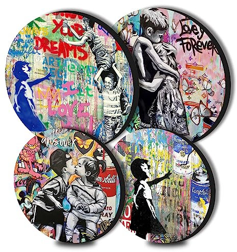 Banksy Graffiti Round Metal Hob Covers 4-Piece Colourful Stove Plate Cooker Hob Covers for Electric Cookers Top Burner Gas Range Oven Protector Kitchen Tools Accessories Modern Cooktop Kitchen Decor