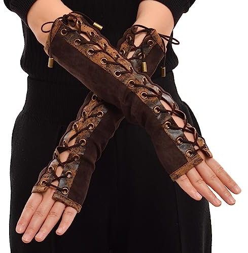 BPURB 1 Paar Damen Steampunk Fingerlose Handschuhe Ellenbogen Lace Up Handschuhe für Halloween Kostüm Cosplay Party (Braun)