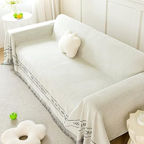 Daesar Couchbezug Eckcouch 4 Sitzer, Sofabezug Universal 180x380CM Cremeweiß mit Quasten Überwurf Sofa Katzenschutz Couch Überzug rutschfest