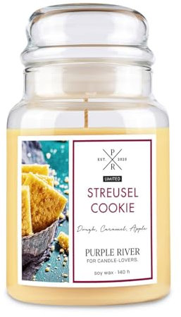 Purple River Große Duftkerze im Glas mit Deckel | Streusel Cookie | Duftkerze Süß | Kerzen lange Brenndauer | Sojawachskerze | Raumduft für Zuhause