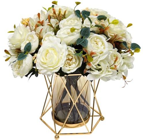 Kunstblumen mit Vase, Seiden-Pfingstrosenstrauß Kunstblumen in Vase, Gefälschte Blumen Florales Arrangement für Heimdekoration Innen, Tischmitte Blumendekoration für Bauernhaus (Weiße Pfingstrose)