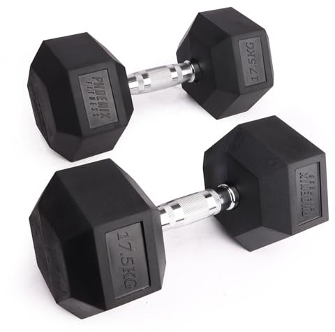 Phoenix Fitness Hex Dumbbells - Pair of Rubber & Cast Iron Hexagonal Dumbbell Hand Weights for Men and Women at Home & Gym - Weight: 17.5kg