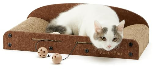 FUKUMARU 53.3 cm Katzenkratzer Karton, Katzenliege, Langlebiges Katzenkratzbett Große Liege mit Glockenball Spielzeug, Recycelbare Katzenkratzpads für Indoor Katzen, Katzenkratzbett Karton