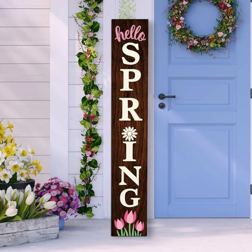 Hello Spring Holzschild für Veranda, 119,4 cm, großes Willkommensschild, vertikal, für drinnen und draußen, stehendes Schild für Garten, Haus, Hof, Bauernhaus