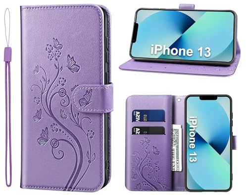 KRAFTCARE Lederhülle kompatibel mit iPhone 13 Hülle, Flip Wallet Handyhülle mit Kartenfach Ständer Premium PU Leder Klapphülle Schutzhülle für iPhone 13, Lila