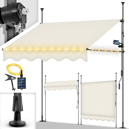 tillvex Klemmmarkise mit Handkurbel Balkon | Balkonmarkise ohne Bohren | Markise UV-beständig & höhenverstellbar | Sonnenschutz wasserdicht (Sand mit LED, 400cm)