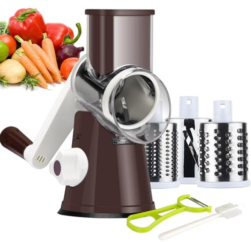 Ourokhome Rotary Cheese Grater Round Mandolin Slicer, Handheld Hashbrown Shredder with 3 Drum Blades, Kitchen Manual Speed Walnut Grinder for Potato, Carrot, Vegetables, Nuts, Zucchini (Coffee)