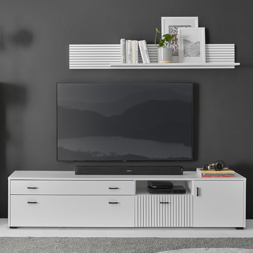 TV Wohnwand modern Wohnzimmer Set 200cm Lowboard Wandboard weiß matt schwarz gerillt